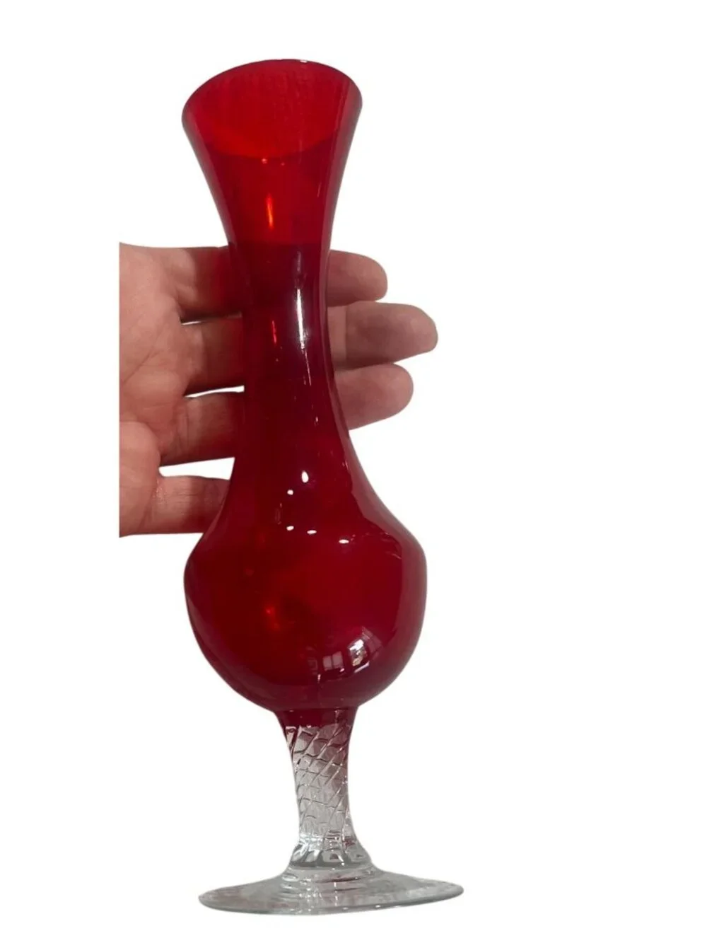 Vintage 1960s Empoli Slim Red Blown Glass Posey Vase Clear Textured Stem WOW